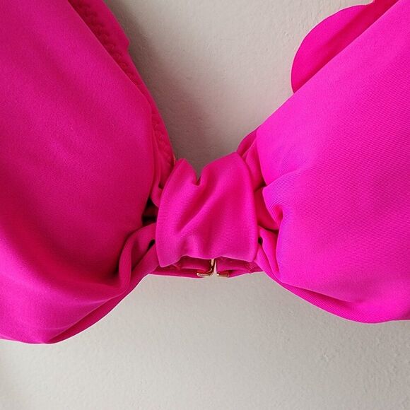 Vanilla Beach Scalloped Bikini Swim Top | Hot Pink Halter Tie Neck Ruched NWT - Picture 3 of 9